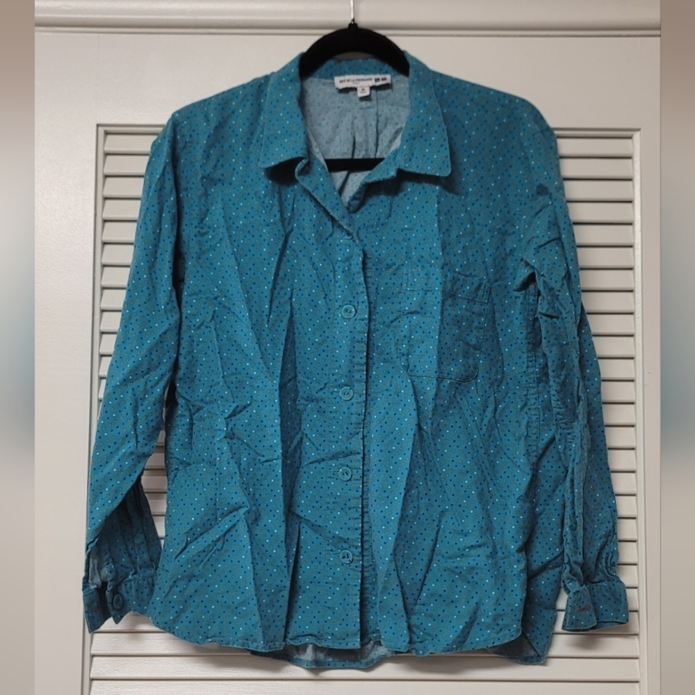Ines De La Fressange - Women’s Turquoise 100% Cotton Polka-Dot Long-Sleeve Shirt